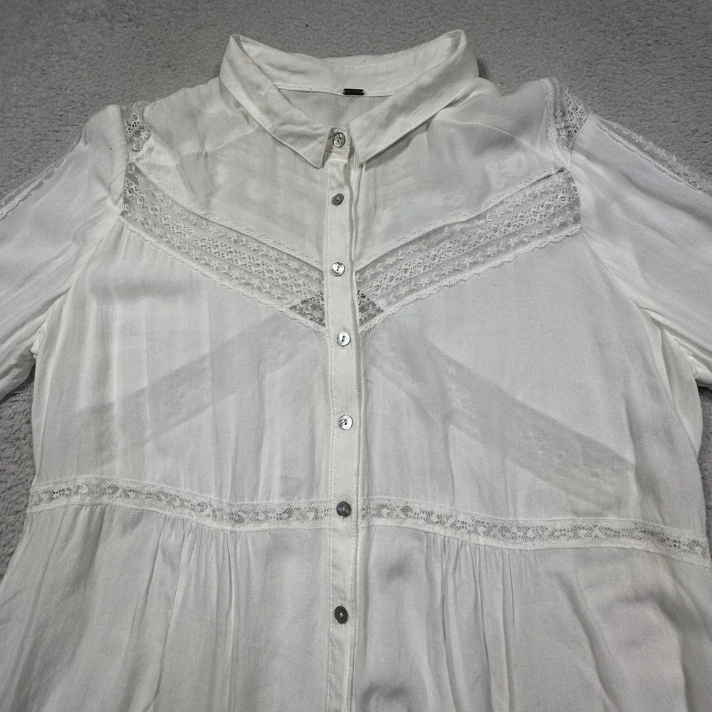 Free People Wild Wind Lace Inset Button Down Tunic Blouse Womens‎ M Ivory Boho